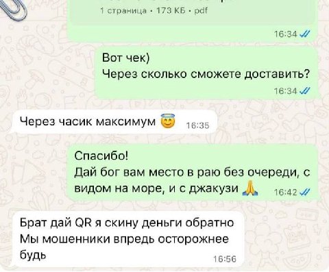 1 страница 173 pdf 16:34 7 Вот чек) Через сколько сможете доставить? 16:34 Через часик максимум Спасибо! Дай бог вам место в раю без очереди, с видом на море, и с джакузи Брат дай я скину деньги обрат
