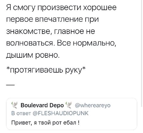 Я смогу произвести хорошее первое впечатление при знакомстве, главное не волноваться. Все нормально, дышим ровно. *протягиваешь руку* “У Boulevard Depo @whereareyo В ответ @FLESHAUDIOPUNK Привет, я тв