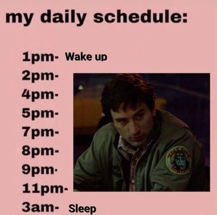my daily schedule: 1рит- Wake up дрт- Эрт. Зат- Sleep