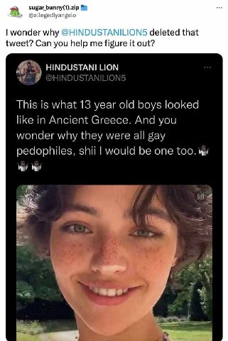 sugar Биппу(1).21р @allegedlyangelo wonder why @HINDUSTANILION5 deleted that tweet? Can you help me figure it out? HINDUSTANI LION This is what 13 year old boys looked like in Ancient Greece. And you 