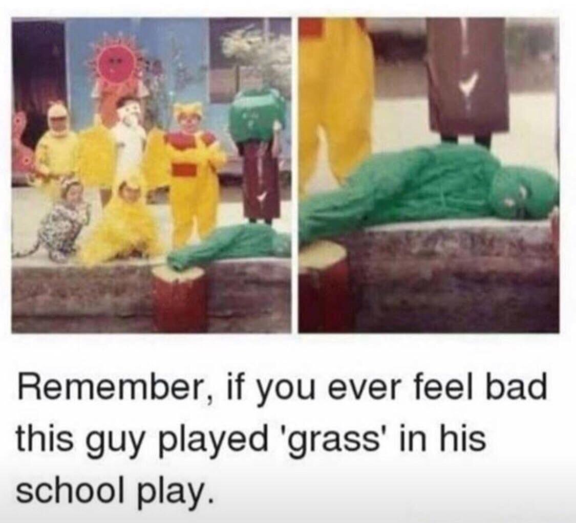 А. Remember, if you ever feel bad this guy played 'grass' in his school play.