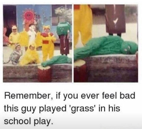 А. Remember, if you ever feel bad this guy played 'grass' in his school play.