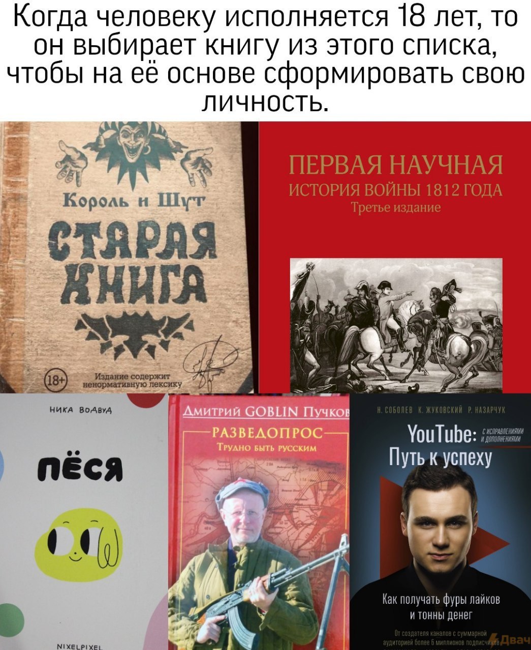 Когда человеку исполняется 18 лет, то выбирает книгу из этого списка, чтобы на её основе сформировать свою ЛИЧНОСТЬ. ПЕРВАЯ НАУЧНАЯ И ГОРИЯ ВОИНЫ ГОДА Король Шут ретье и СТАРАЯ АНИГА содержит, НИКА ПУ