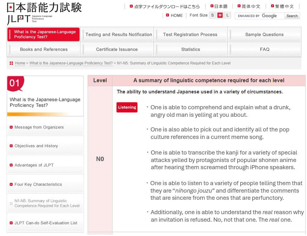 Proticie Jopanese О HOME Font Size ENHANCED Google Search Test JLET Sample Questions Books and References Certificate Issuance Statistics FAQ Home What is the Japanese-Language Proficiency Test? Summa