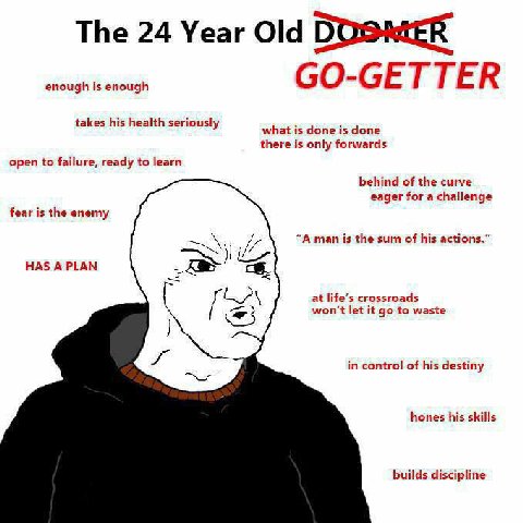 The 24 Year Old DOOMER enough is enough GO-GETTER takes his health seriously what is done is done there is only forwards open to failure, ready to learn behind of the curve eager for a challenge fear 