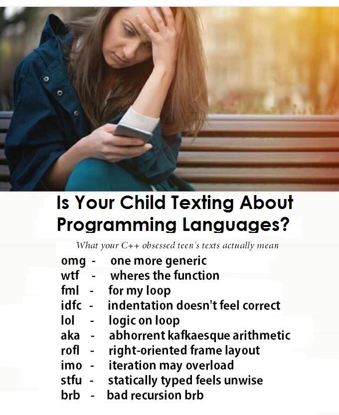 Is Your Child Texting About Programming Languages? What your obsessed teen's texts actually mean omg one more generic wtf wheres the function for my loop idfc indentation doesn't feel correct lol logi