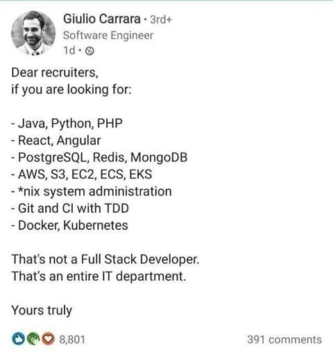 Giulio Carrara Software Engineer 19. Dear recruiters, if you are looking for: Java, Python, PHP React, Angular PostgreSQL, Redis, MongoDB AWS, ECS, EKS system administration Git and with TDD Docker, K