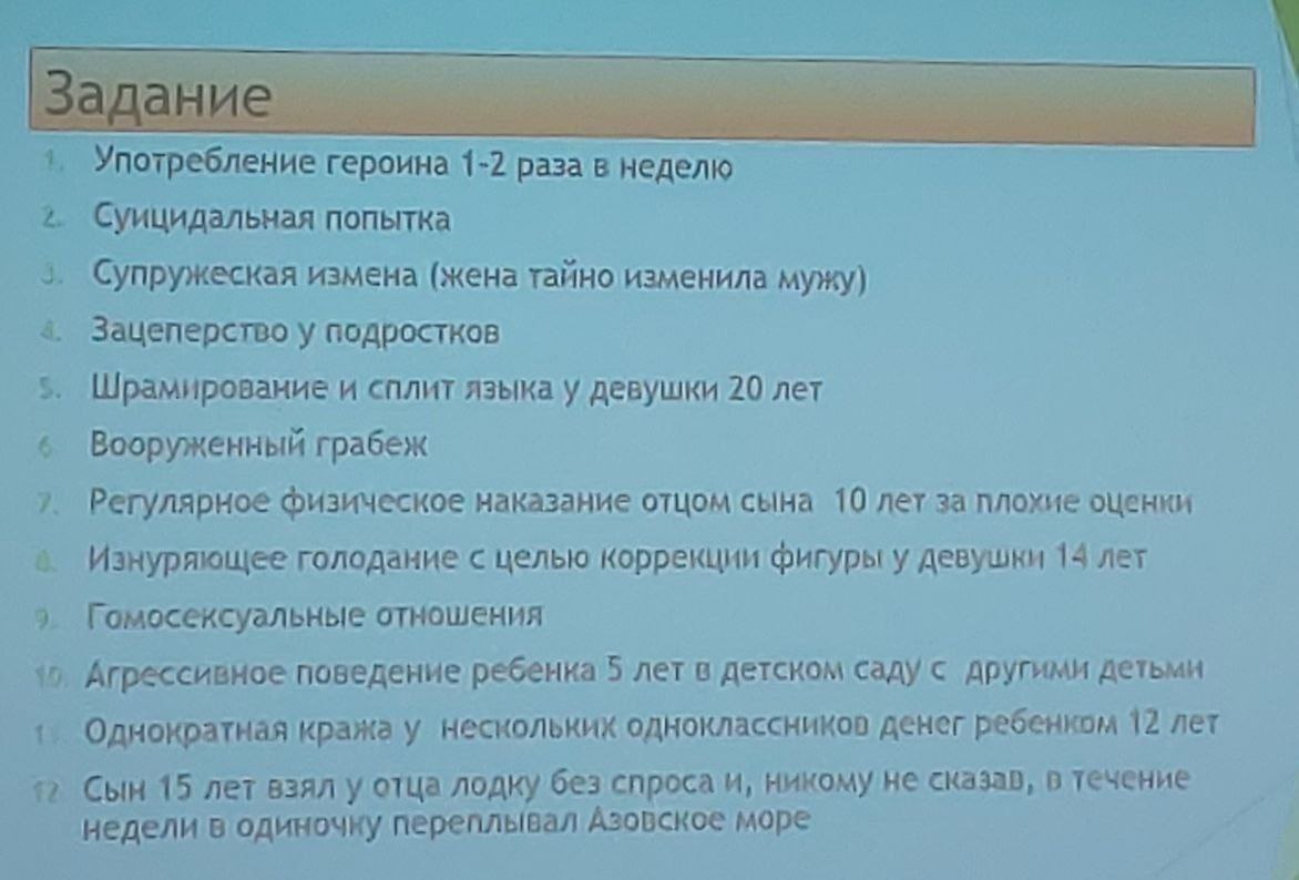 Употребление героина 1-2 раза в неделю Суицидальная попытка Супружеская измена (жена тайно изменила мужу) 4. Зацеперство у подростков Шрамирование и сплит языка у девушки 20 лет Вооруженный грабеж 7 Р
