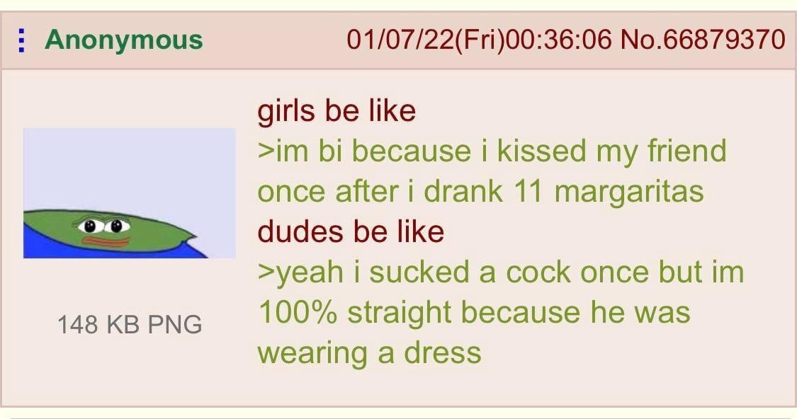Anonymous 01/07/22(Fri)00:36:06 No.66879370 girls be like because 1 kissed my friend once after i drank 11 margaritas dudes be like >yeah i sucked a cock once but 148 PNG 100% straight because he was 