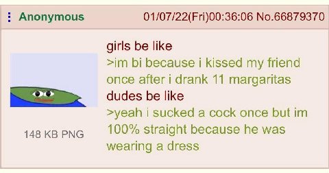 Anonymous 01/07/22(Fri)00:36:06 No.66879370 girls be like because 1 kissed my friend once after i drank 11 margaritas dudes be like >yeah i sucked a cock once but 148 PNG 100% straight because he was 
