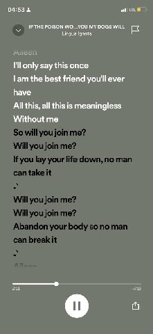 04:53 2 IF THE POISON WO...YOU MY DOGS WILL к У Lingua Ignota I'll only say this once lam the best friend you'll ever have All this, all this is meaningless Without me о