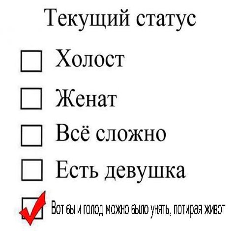 Текущий статус Холост Женат Bcé сложно Есть девушка BOT i ГОЛОД МОЖНО УНЯТЬ, ЖИВОТ
