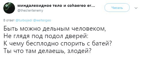 миндалевидное тело и cohaereo @thesilentenemy В ответ Быть можно дельным человеком, Не глядя под подол дверей: К чему бесплодно спорить с батей? Ты что там делаешь, злодей?