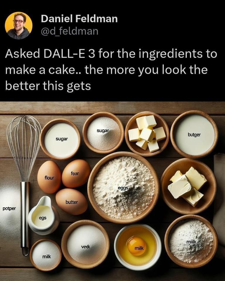 Daniel Feldman Asked DALL-E 3 for the ingredients to make а саке.. the more you look the better this gets 0 у’