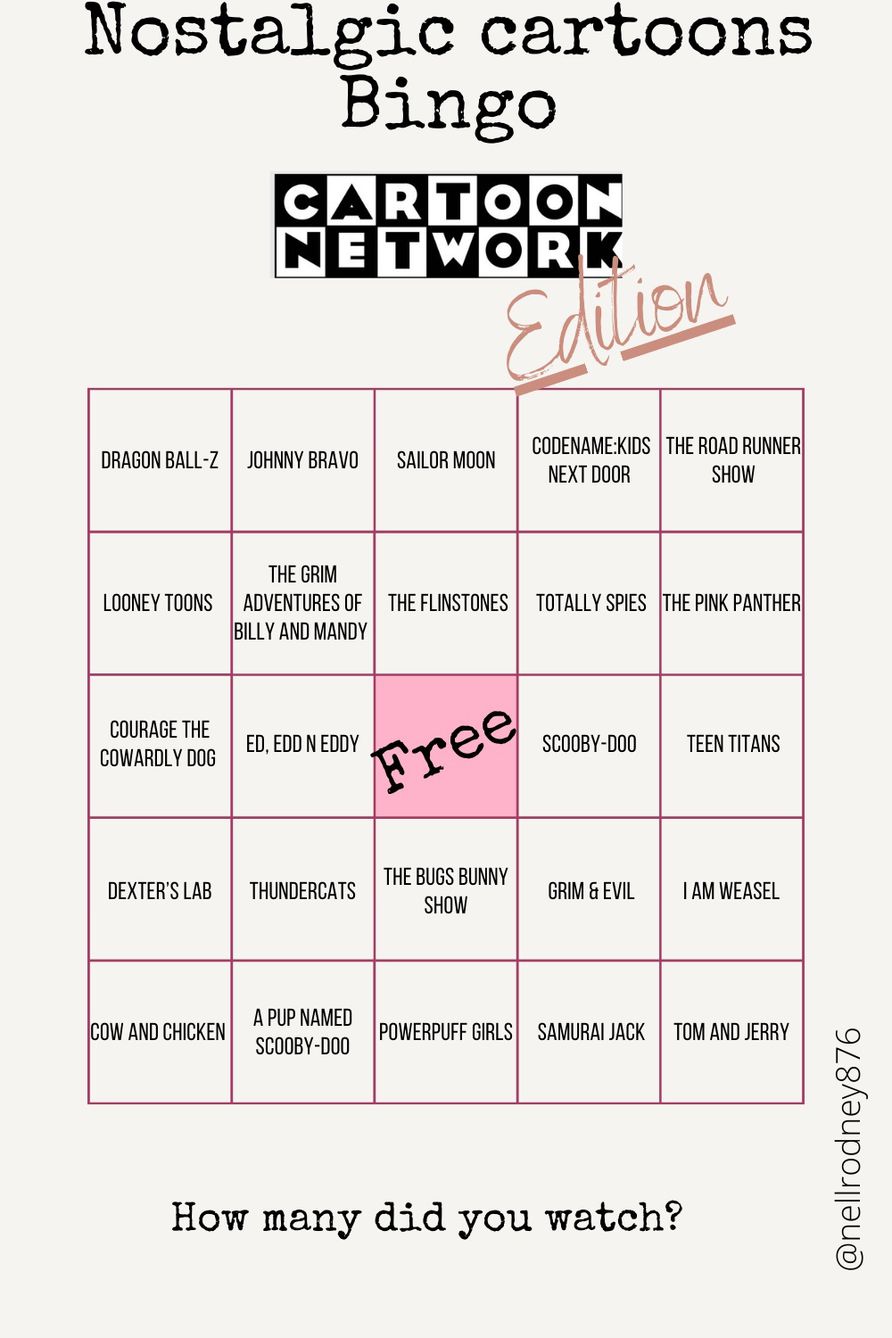 Nostalgic cartoons Bingo CODENAME:KIDS THE ROAD RUNNER DRAGON BALL-Z JOHNNY BRAVO SAILOR MOON NEXT DOOR SHOW THE GRIM LOONEY TOONS ADVENTURES OF THE FLINSTONES TOTALLY PINK PANTHER BILLY AND MANDY COU