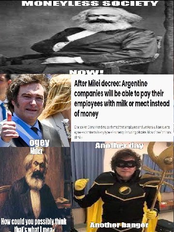 MONEYLESS SOCIETY After Milei decree: Argentine companies will be able to pay their employees with milk or meat instead of money Chancallor Diana confirmed tha: employers aad werkers wll be abe of agr