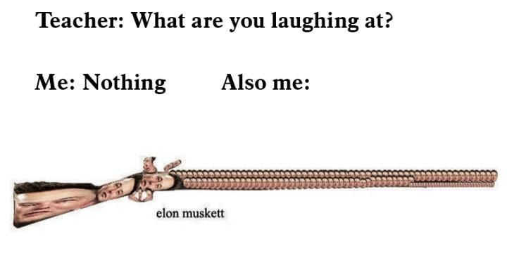 Teacher: What are you laughing at? Me: Nothing Also me: elon muskett