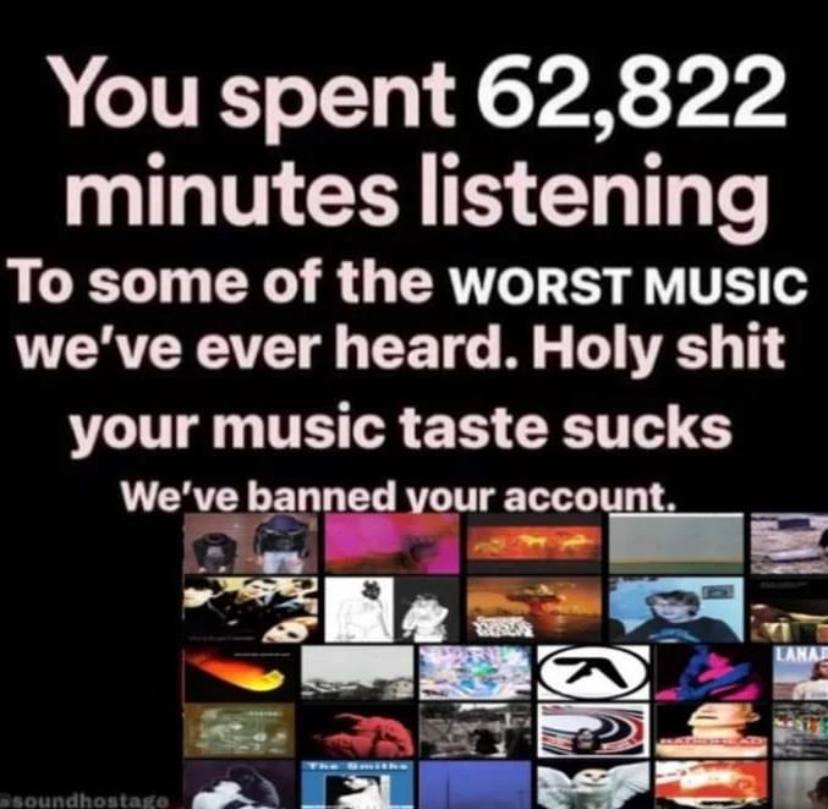 You spent 62,822 minutes listening To some of the WORST MUSIC we've ever heard. Holy shit your music taste sucks We've banned your account. 2 АМАГ