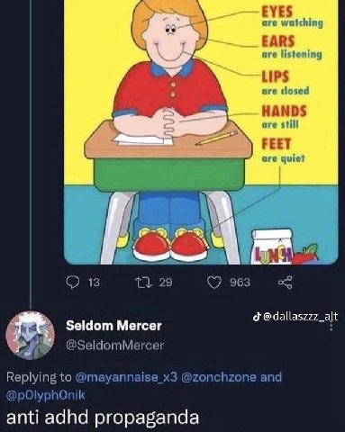 are watching EARS are listening LIPS are «closed HANDS are still FEET ure quiet 29 963 Seldom Mercer @SeldomMercer Replying to @mayannaise_x3 @zonchzone and @pOlyphOnik anti adhd propaganda