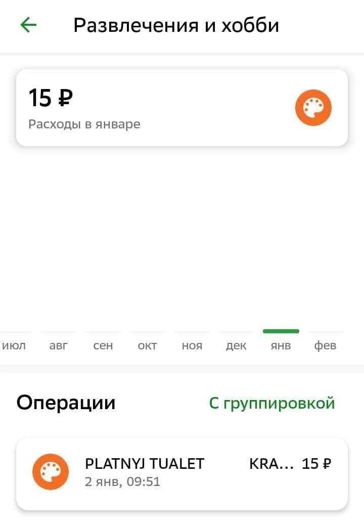 Развлечения и хобби Расходы в январе июл авг сен OKT HOA дек AHB фев Операции С группировкой PLATNYJ TUALET КВА... 15? 2 AHB, 09:51