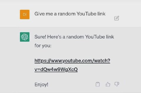 Give а гапаот YouTube link Sure! Here's a random YouTube link for you: https://www.youtube.com/watch? v=dQw4w9WgXcQ Enjoy!
