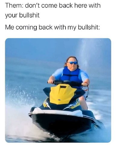Them: come back here with your bullshit Me coming back with my bullshit: Pit.