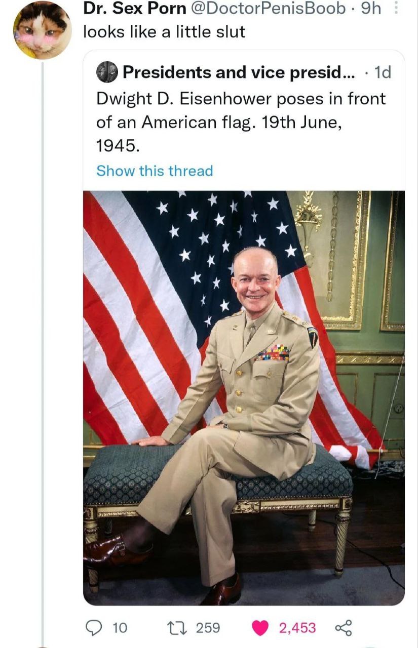 Sex Porn @DoctorPenisBoob looks like a little slut Presidents and vice presid... Dwight Eisenhower poses in front of an American flag. June, 1945. Show this thread 10 259 2,453