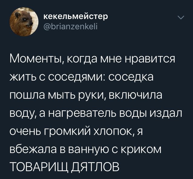кекельмейстер Моменты, когда мне нравится жить с соседями: соседка пошла мыть руки, включила воду, а нагреватель воды издал очень громкий хлопок, я вбежала в ванную с криком ТОВАРИЩ ДЯТЛОВ