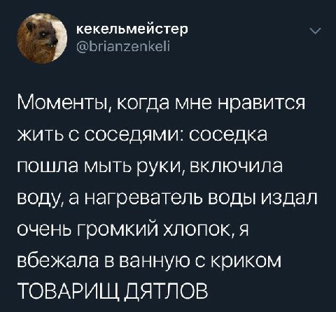 кекельмейстер Моменты, когда мне нравится жить с соседями: соседка пошла мыть руки, включила воду, а нагреватель воды издал очень громкий хлопок, я вбежала в ванную с криком ТОВАРИЩ ДЯТЛОВ