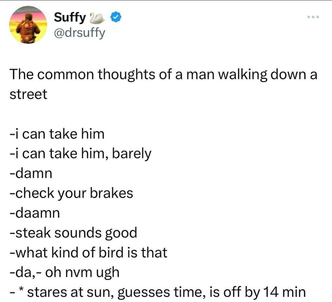 Suffy @drsuffy The common thoughts of a man walking down a street -i can take him -i can take him, barely -damn -check your brakes -daamn -steak sounds good -what kind of bird is that nvm ugh stares a