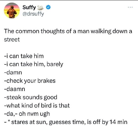 Suffy @drsuffy The common thoughts of a man walking down a street -i can take him -i can take him, barely -damn -check your brakes -daamn -steak sounds good -what kind of bird is that nvm ugh stares a