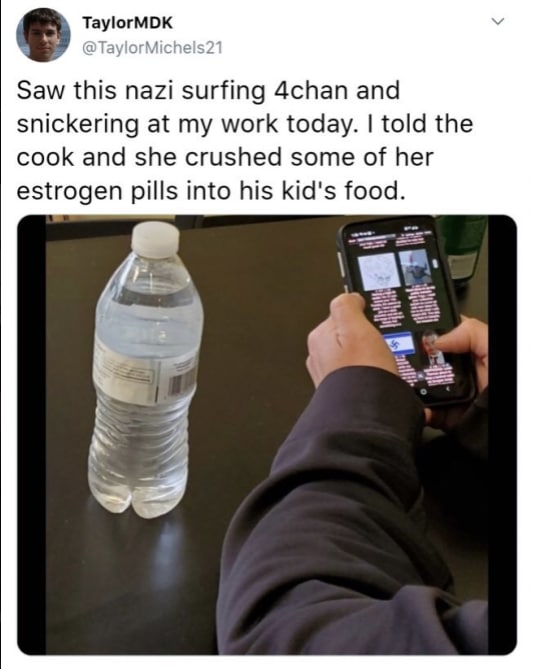 TaylorMDK Saw this nazi surfing 4chan and snickering at my work today. told the cook and she crushed some of her estrogen pills into his kid's food.