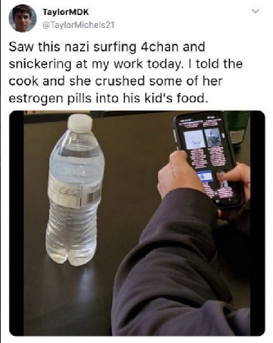 TaylorMDK Saw this nazi surfing 4chan and snickering at my work today. told the cook and she crushed some of her estrogen pills into his kid's food.