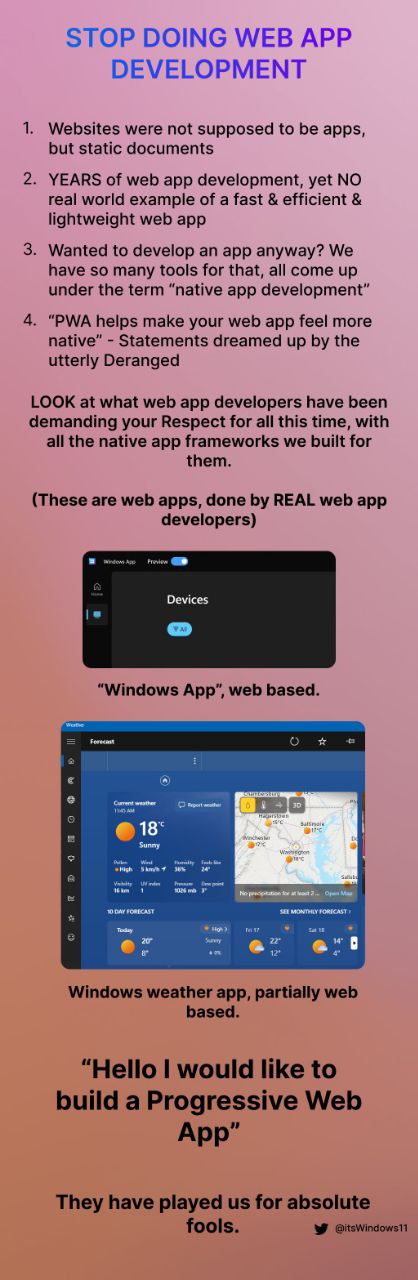 STOP DOING WEB APP DEVELOPMENT 1. Websites were not supposed to be apps, but static documents 2. YEARS of web app development, yet NO real world example of a fast efficient lightweight web app 3. Want
