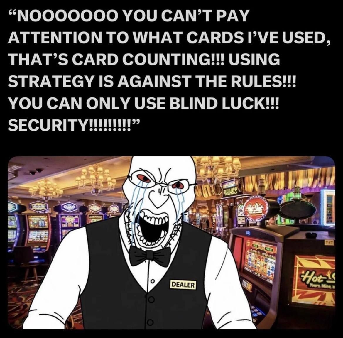“МООООООО YOU CAN’T PAY ATTENTION TO WHAT CARDS Г\УЕ USED, THAT’S CARD COUNTING!!! USING STRATEGY IS AGAINST THE RULES!!! YOU CAN ONLY USE BLIND LUCK!!! a a of