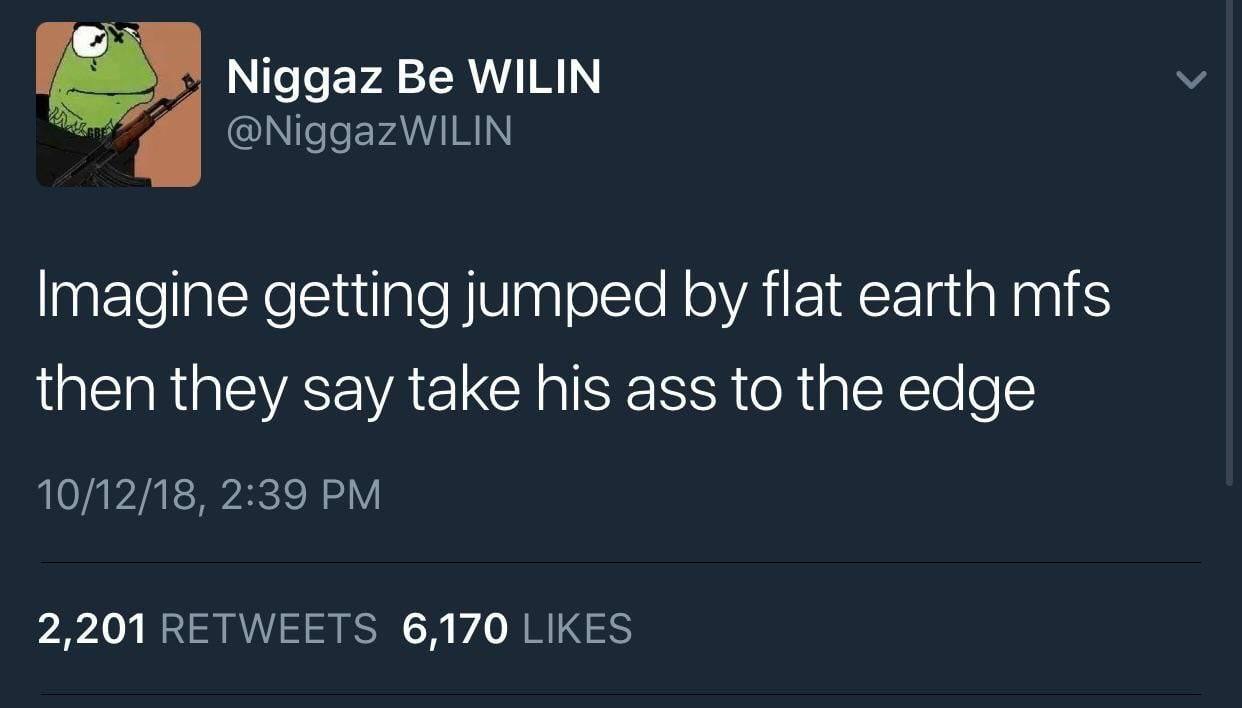 Niggaz WILIN @NiggazWILIN Imagine getting jumped flat earth mfs then they say take his ass to the edge 10/12/18, 2:39 2,201 RETWEETS 6,170 LIKES