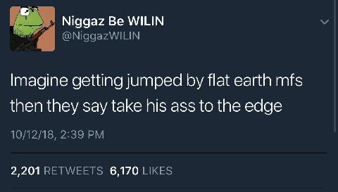 Niggaz WILIN @NiggazWILIN Imagine getting jumped flat earth mfs then they say take his ass to the edge 10/12/18, 2:39 2,201 RETWEETS 6,170 LIKES