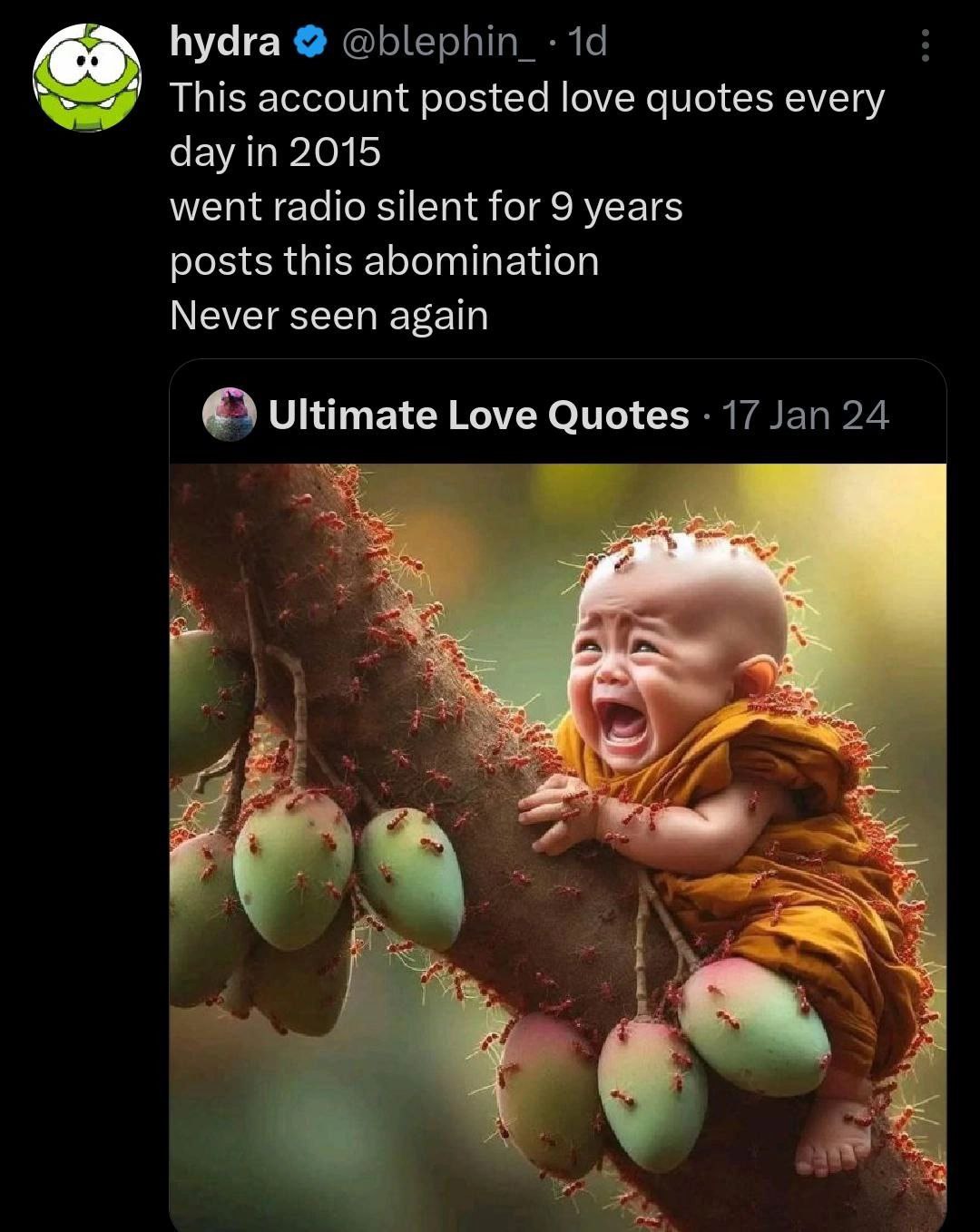 ПуЧга @blephin_- This account posted love quotes every in 2015 went radio silent for 9 years posts this abomination Never seen again Ultimate Love Quotes 17 Jan 24 at
