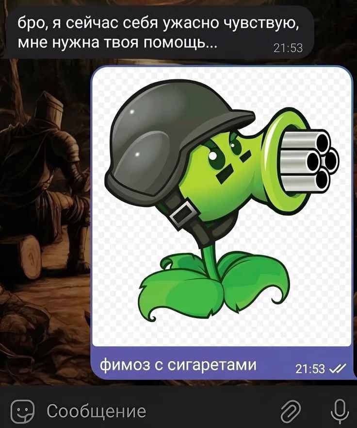 бро, я сейчас себя ужасно чувствую, мне нужна твоя помощь... 21:58 4 фимоз с сигаретами 21:53 6 72) 0 Сообщение
