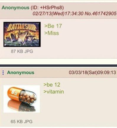 Anonymous +HSrPhs8) No.461742905 >Be 17 >Miss 87 JPG Anonymous 03/03/18(Sat)09:09:13 >be 12 >vitamin 65 JPG