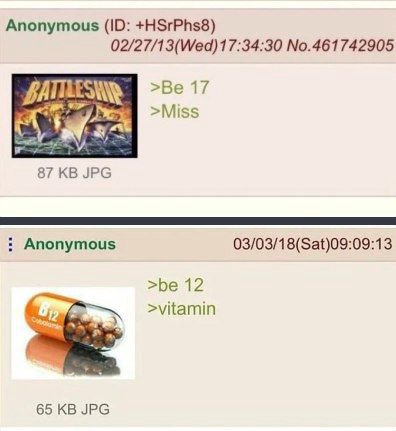 Anonymous +HSrPhs8) No.461742905 >Be 17 >Miss 87 JPG Anonymous 03/03/18(Sat)09:09:13 >be 12 >vitamin 65 JPG