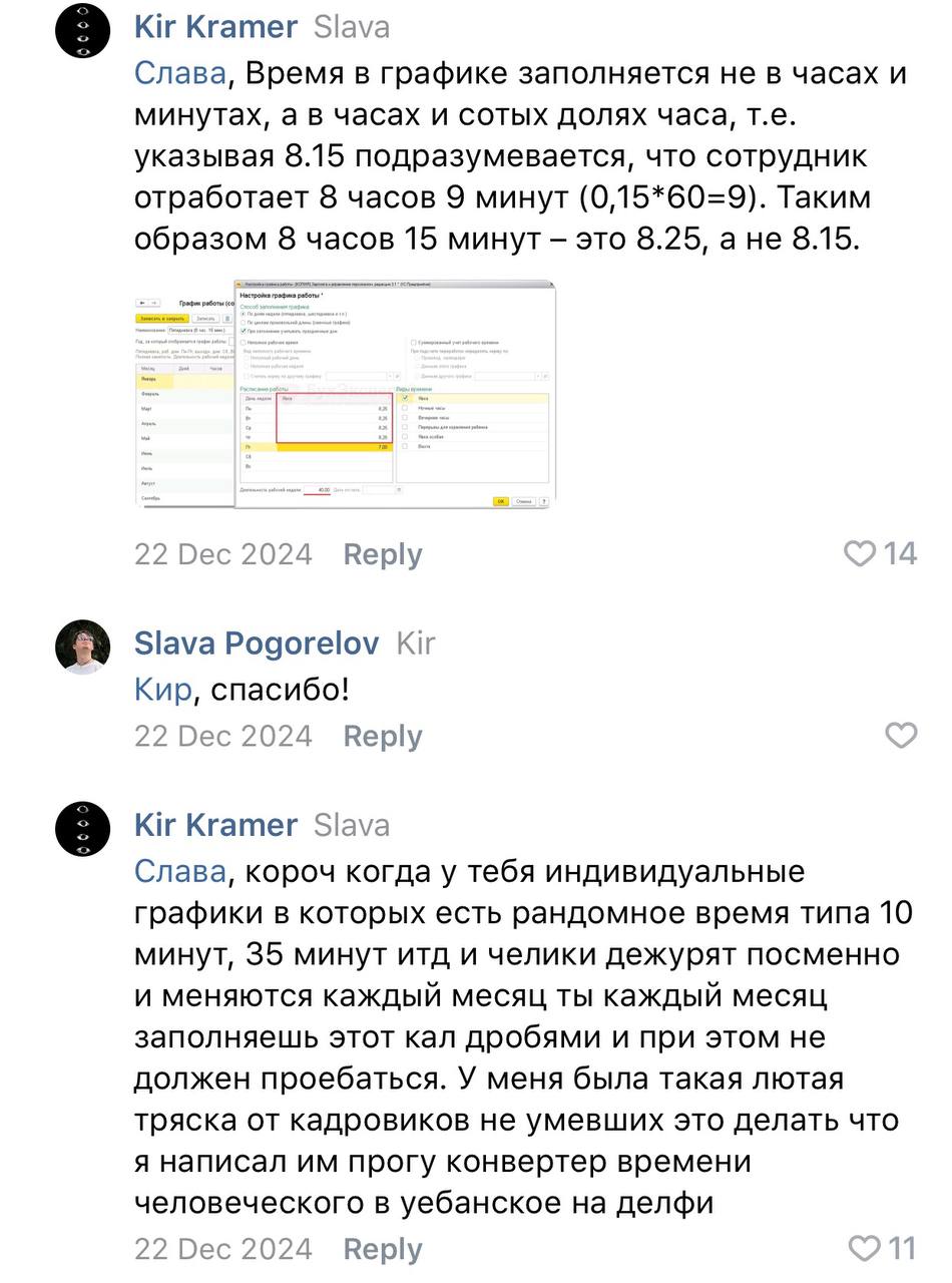 9 Kir Kramer Slava Слава, Время в графике заполняется не в часах и минутах, а в часах и сотых долях часа, указывая 8.15 подразумевается, что сотрудник отработает 8 часов 9 минут (0,15*60=9). Таким обр