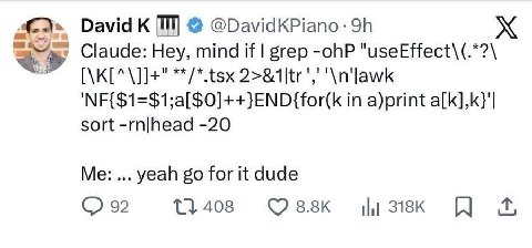 David к Claude: Hey, mind if grep -ohP */*.tsx '\пЧамк 'NF{$1=$1;a[$0]++}END{for(k in a)print a[k],k}'| sort -rn|head -20 yeah for it dude 11408 Ossk