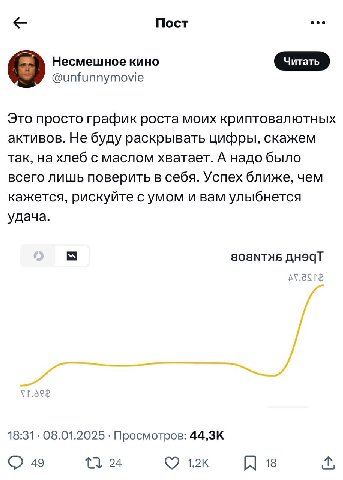 Пост Несмешное кино @unfunnymovie о Это просто график роста моих криптовалютных активов. Не буду раскрывать цифры, скажем так, на хлеб с маслом хватает. А надо было всего лишь поверить в себя. Успех б