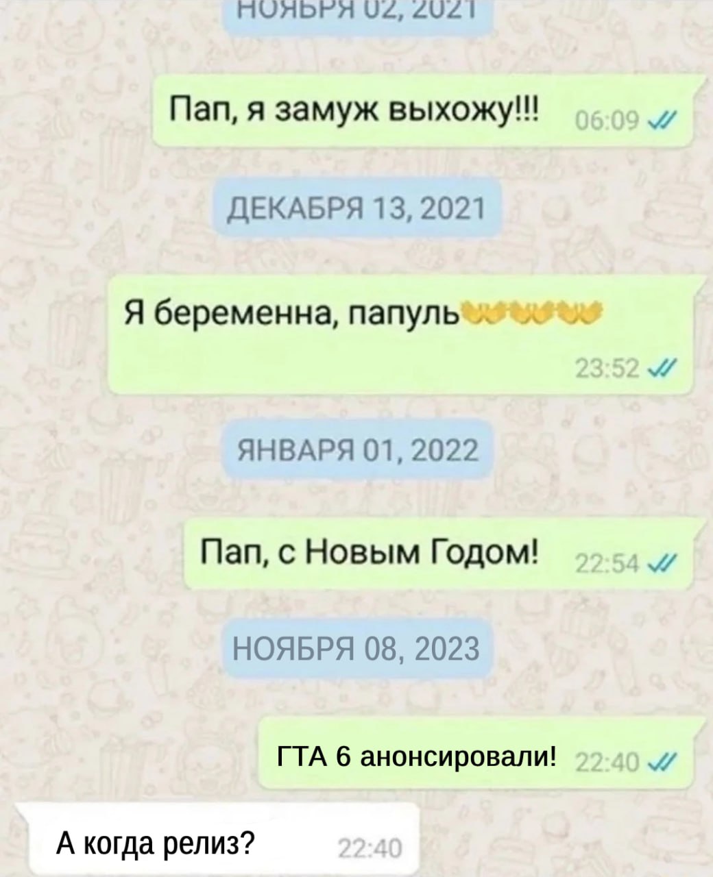 НОЯБРЯ 2021 Пап, я замуж выхожу!!! ДЕКАБРЯ 13, 2021 Я беременна, Nanynb™ A ЯНВАРЯ 01, 2022 Пап, с Новым Годом! НОЯБРЯ 08, 2023 ГТА 6 анонсировали! A A когда релиз?