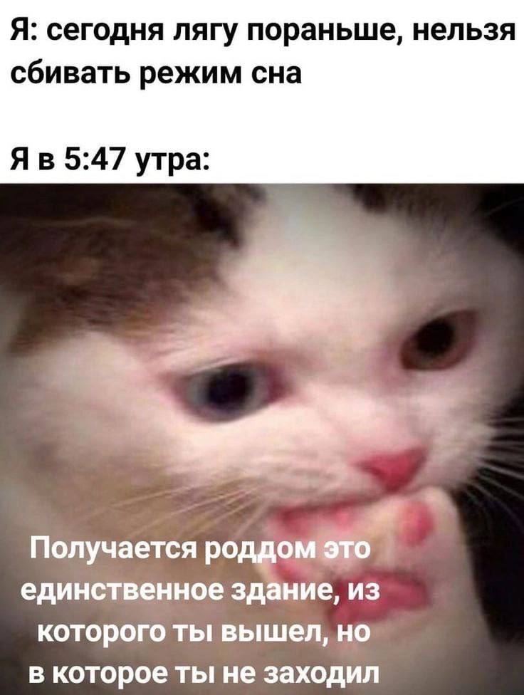 Я: сегодня лягу пораньше, нельзя сбивать режим сна 5:47 утра: a Получается единственное здание, из которого ты вышел, но в которое ты не заходил