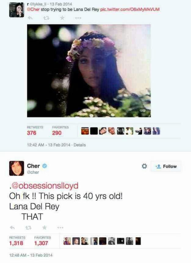 Cher stop to be Lana Del Rey om/O8xMyMkVUM 376 290 Follow Cher Jobsessionslloyd This pick is 40 yrs old! Lana Del Rey THAT 1,318 1,307