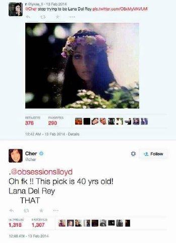 Cher stop to be Lana Del Rey om/O8xMyMkVUM 376 290 Follow Cher Jobsessionslloyd This pick is 40 yrs old! Lana Del Rey THAT 1,318 1,307