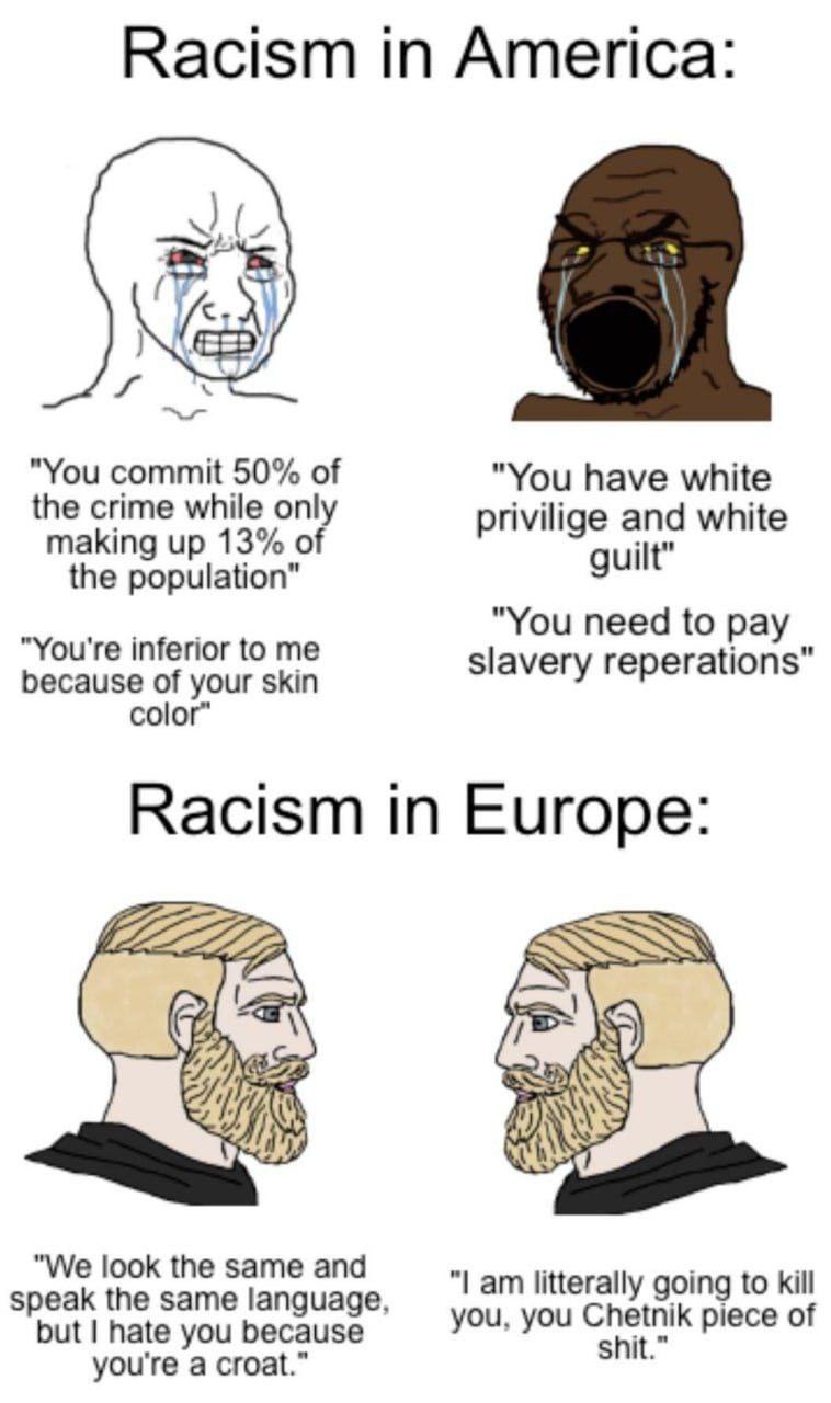 Racism America: "You commit 50% of "You have white the crime while only making up 13% of privilige and white guilt” the population" "You need to pay “You're inferior to me slavery reperations" because
