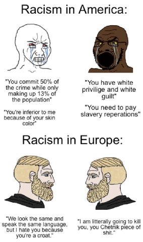 Racism America: "You commit 50% of "You have white the crime while only making up 13% of privilige and white guilt” the population" "You need to pay “You're inferior to me slavery reperations" because